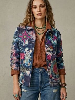 Allure Patchwork Denim Jacket Embroidered Boho Tie Dye Art to Wear Unique S/M